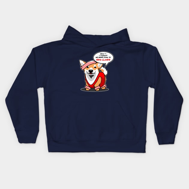 Mini Corgi Spin Class Kids Hoodie by Spikeani